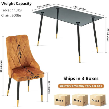 Howtai Grey Glass Table Set with 4 Velvet Chairs for Home Kitchen Dining Room