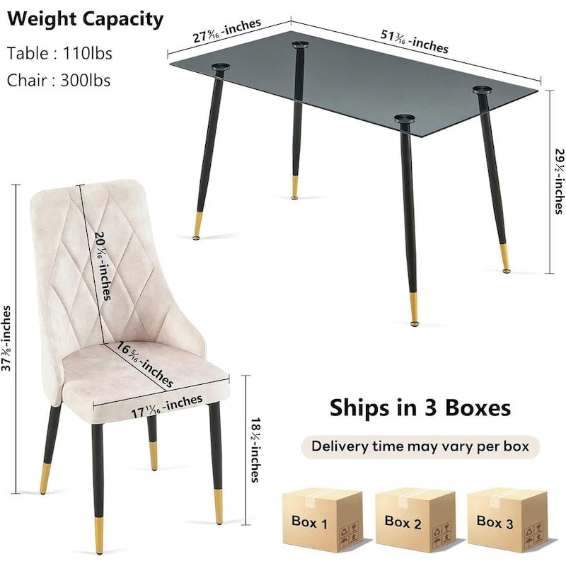 Howtai Grey Glass Table Set with 4 Velvet Chairs for Home Kitchen Dining Room