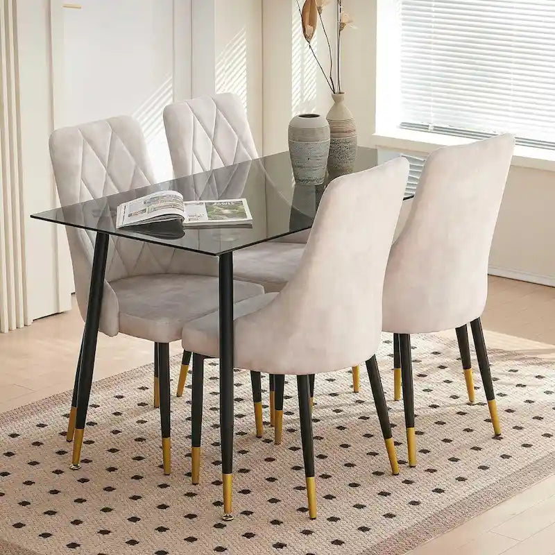 Howtai Grey Glass Table Set with 4 Velvet Chairs for Home Kitchen Dining Room