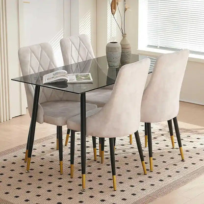 Howtai Grey Glass Table Set with 4 Velvet Chairs for Home Kitchen Dining Room