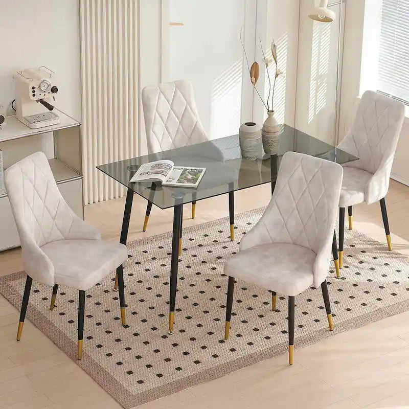 Howtai Grey Glass Table Set with 4 Velvet Chairs for Home Kitchen Dining Room