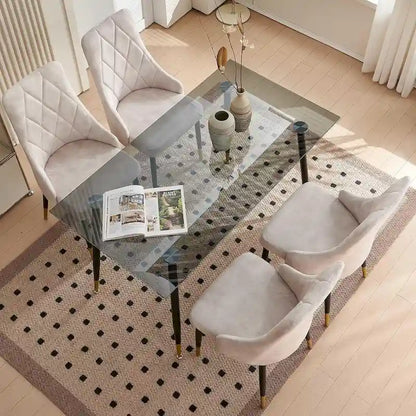 Howtai Grey Glass Table Set with 4 Velvet Chairs for Home Kitchen Dining Room