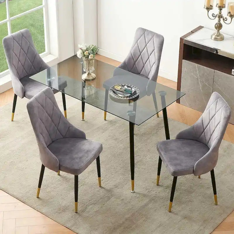 Howtai Grey Glass Table Set with 4 Velvet Chairs for Home Kitchen Dining Room