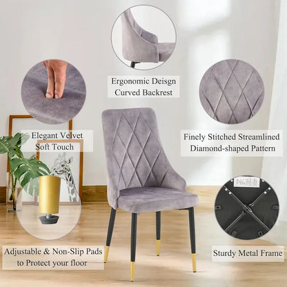 Howtai Grey Glass Table Set with 4 Velvet Chairs for Home Kitchen Dining Room