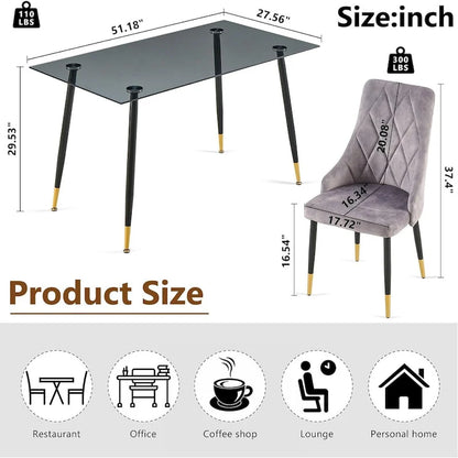 Howtai Grey Glass Table Set with 4 Velvet Chairs for Home Kitchen Dining Room