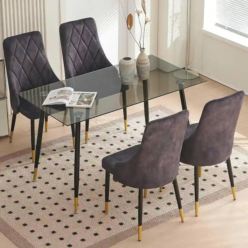 Howtai Grey Glass Table Set with 4 Velvet Chairs for Home Kitchen Dining Room