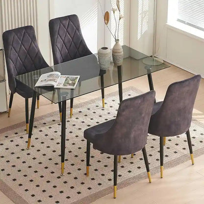 Howtai Grey Glass Table Set with 4 Velvet Chairs for Home Kitchen Dining Room