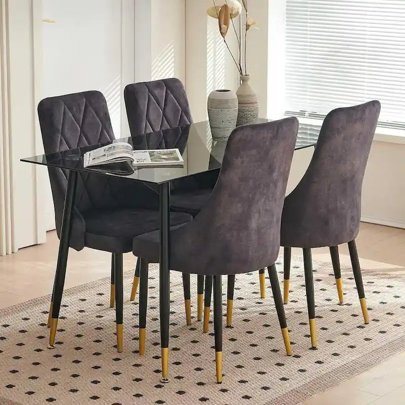 Howtai Grey Glass Table Set with 4 Velvet Chairs for Home Kitchen Dining Room