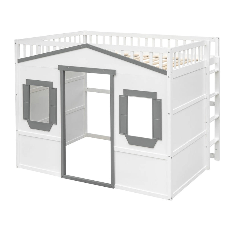 White+Gray Elegant Pine Wood Full Size Loft Bed with Ladder, Solid Construction