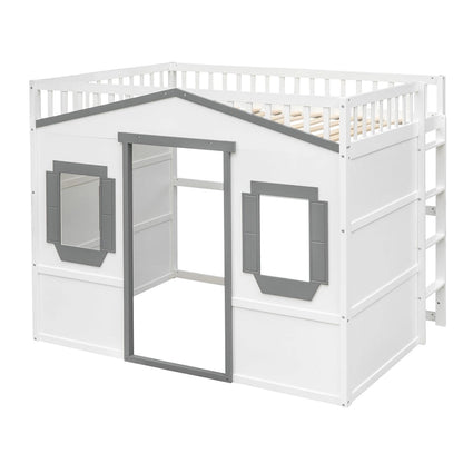 White+Gray Elegant Pine Wood Full Size Loft Bed with Ladder, Solid Construction