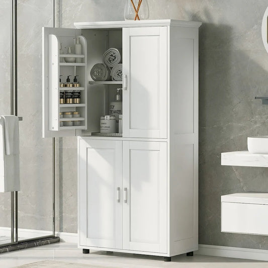 Tall and Wide Bathroom Floor Storage Cabinet, Bathroom Storage Unit, Freestanding Cabinet with 4 Doors, Adjustable Shelves