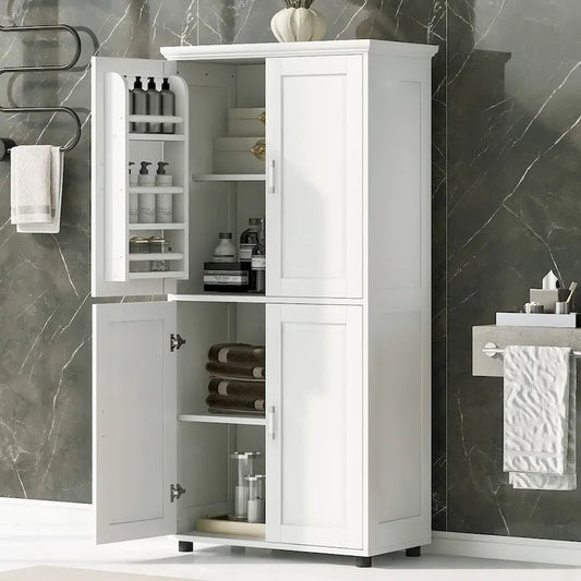 Tall and Wide Bathroom Floor Storage Cabinet, Bathroom Storage Unit, Freestanding Cabinet with 4 Doors, Adjustable Shelves