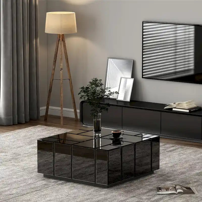 Modern Square Coffee Table Black Mirrored Center Table