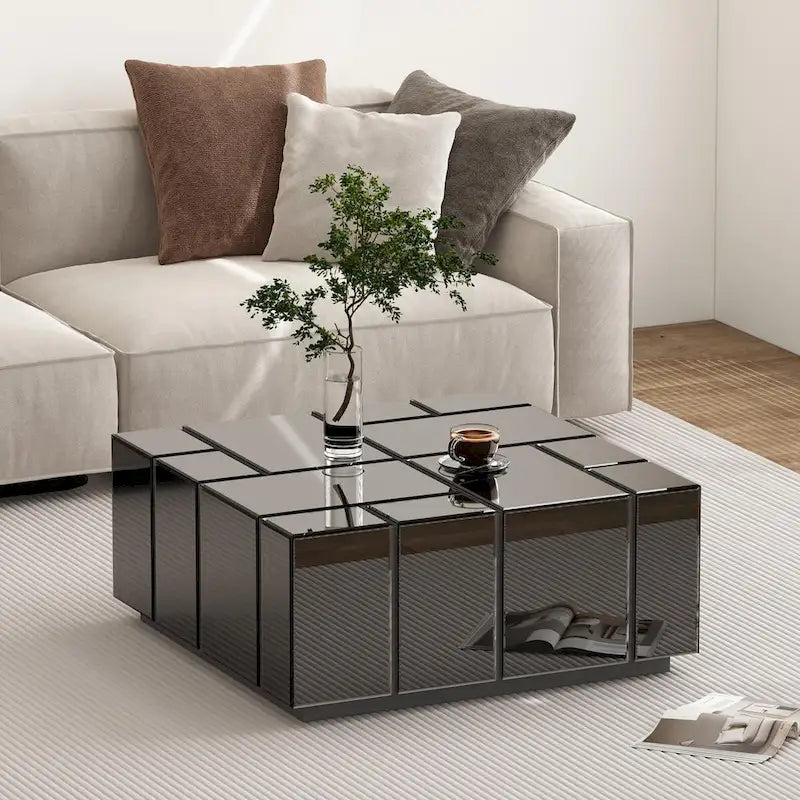 Modern Square Coffee Table Black Mirrored Center Table