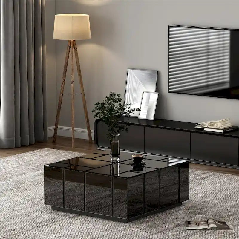 Modern Square Coffee Table Black Mirrored Center Table