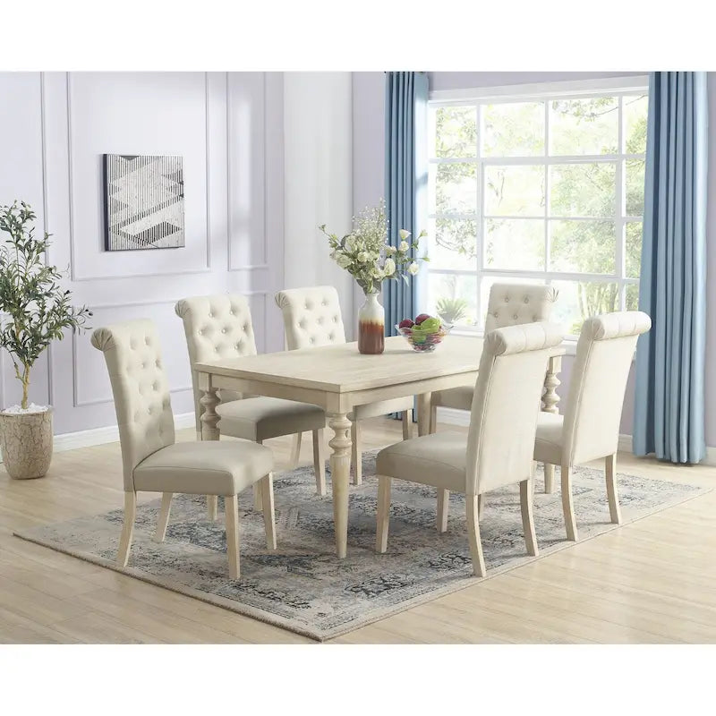 7-piece Dining Set, Turned-Leg Dining Table with 6 Tufted Chairs