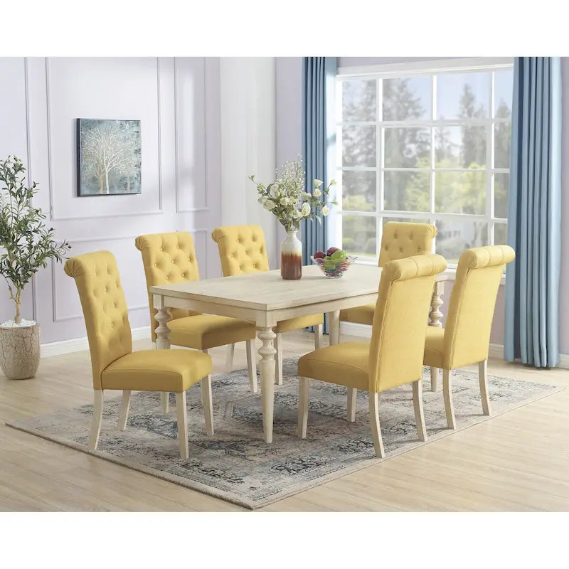 7-piece Dining Set, Turned-Leg Dining Table with 6 Tufted Chairs