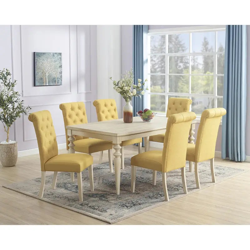 7-piece Dining Set, Turned-Leg Dining Table with 6 Tufted Chairs