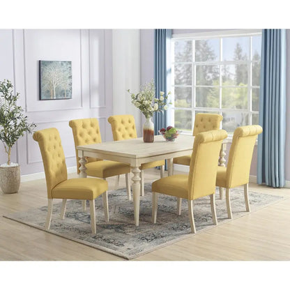 7-piece Dining Set, Turned-Leg Dining Table with 6 Tufted Chairs
