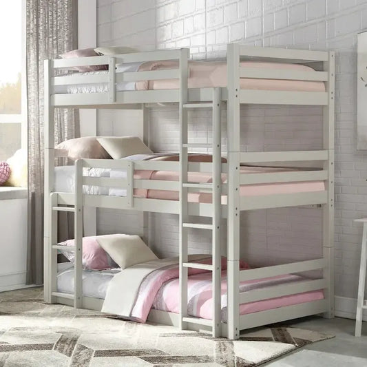 Wooden Twin Size Triple Bunk Bed in Light Gray Finish