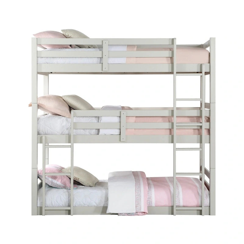 Wooden Twin Size Triple Bunk Bed in Light Gray Finish